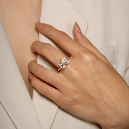 Emerald and Pear Moissanite Toi et Moi Ring